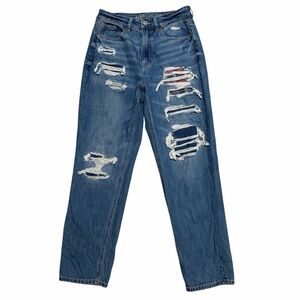 AMERICAN EAGLE Medium Wash High Waist Distressed Plaid Patch Mom Straight Jeans
